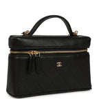Top Handle Long Vanity Case with Chain Black Grained Goatskin Gold Hardware