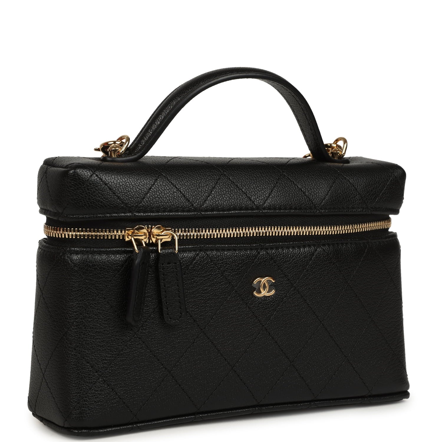 Top Handle Long Vanity Case with Chain Black Grained Goatskin Gold Hardware