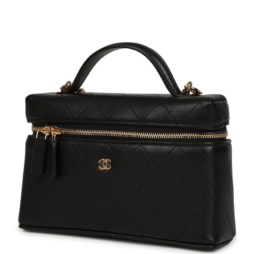 Top Handle Long Vanity Case with Chain Black Grained Goatskin Gold Hardware