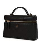 Top Handle Long Vanity Case with Chain Black Grained Goatskin Gold Hardware