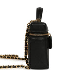 Top Handle Long Vanity Case with Chain Black Grained Goatskin Gold Hardware