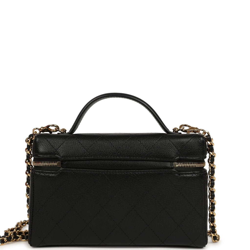 Top Handle Long Vanity Case with Chain Black Grained Goatskin Gold Hardware