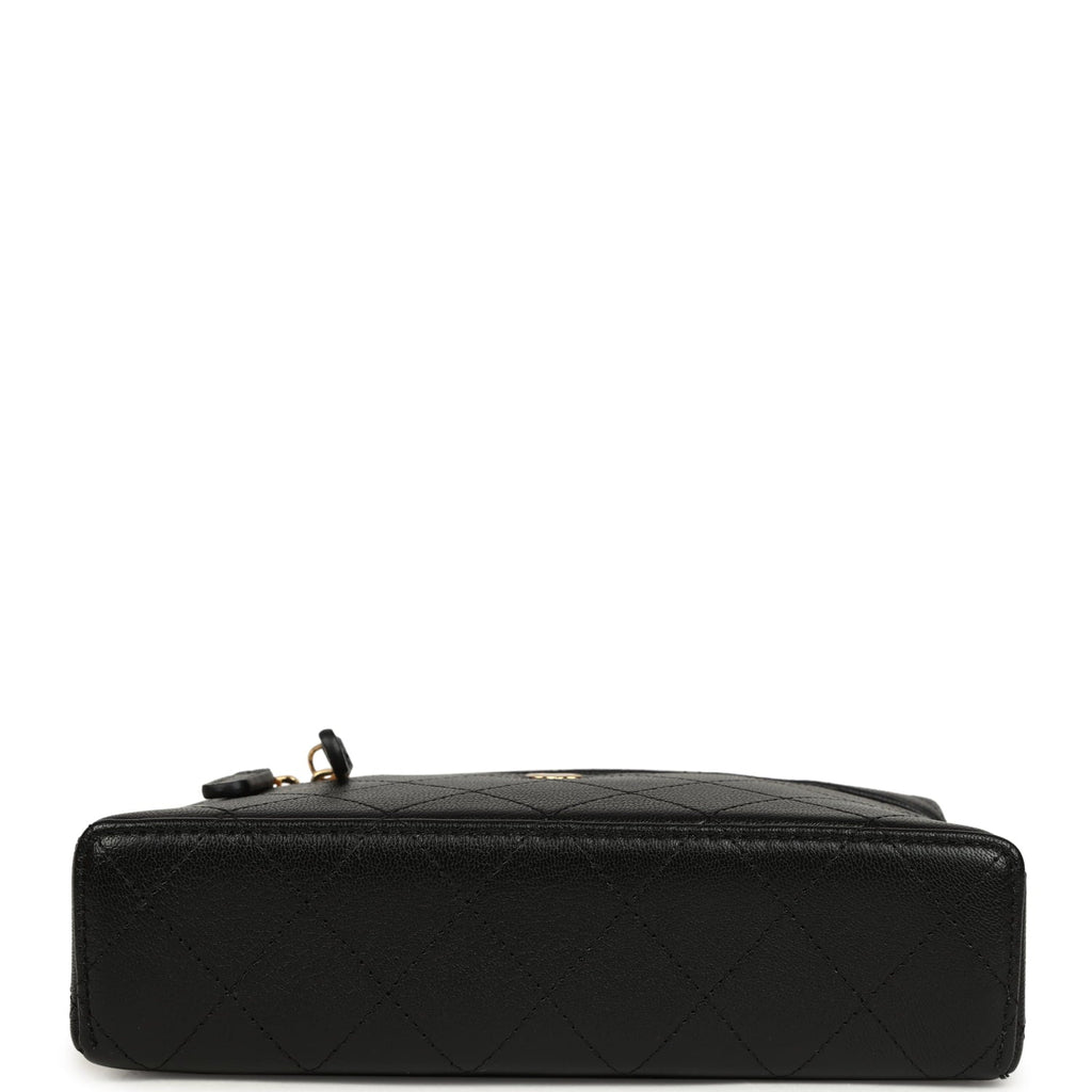 Top Handle Long Vanity Case with Chain Black Grained Goatskin Gold Hardware