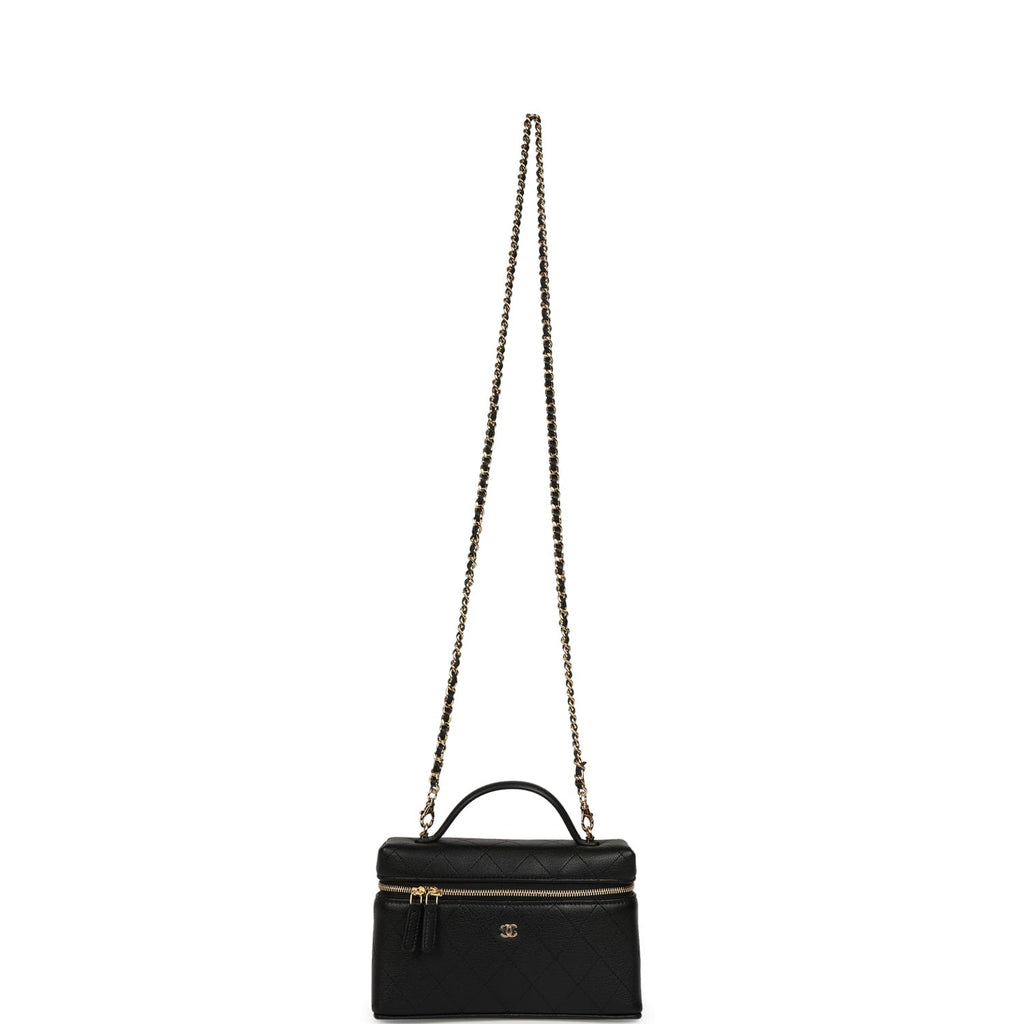 Top Handle Long Vanity Case with Chain Black Grained Goatskin Gold Hardware