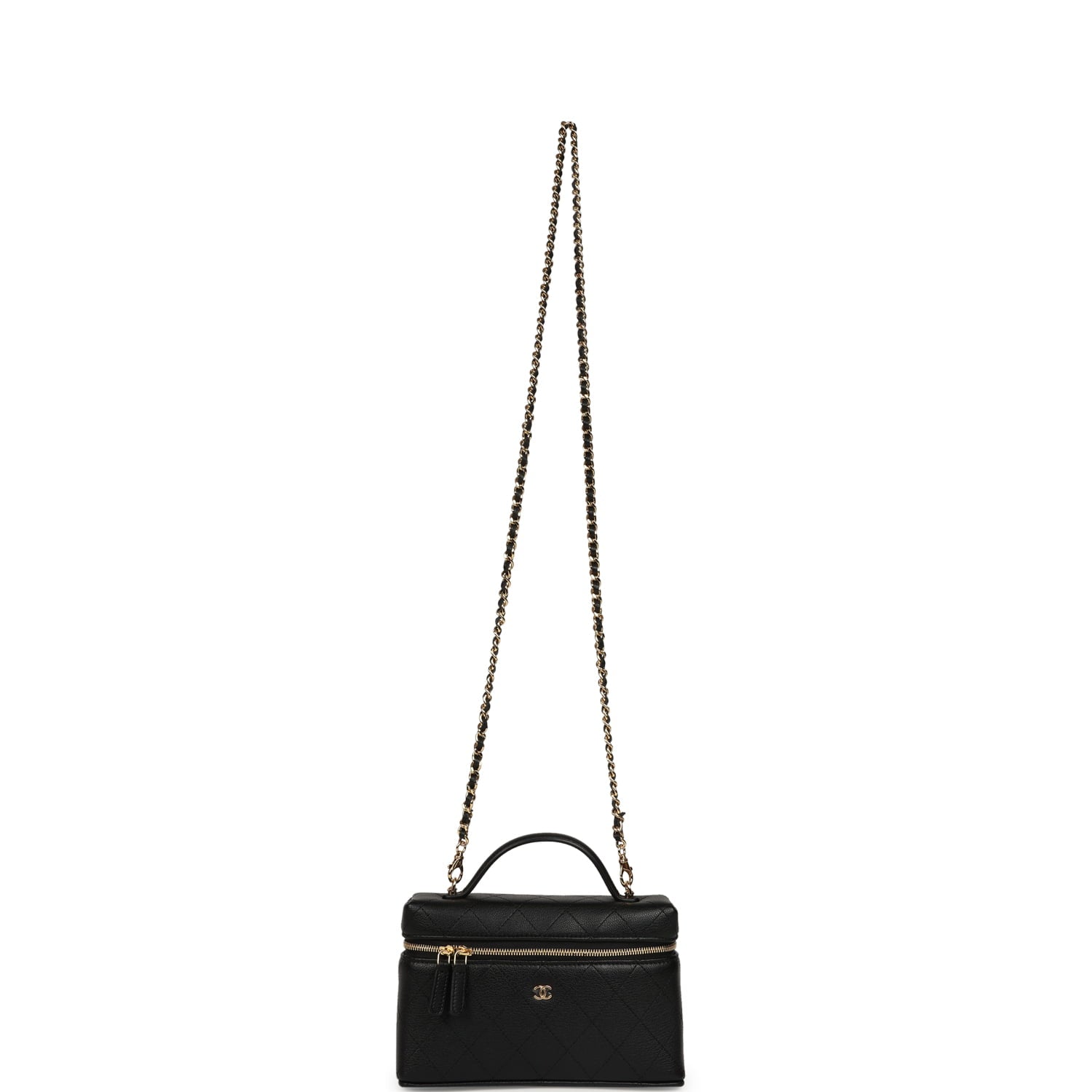 Top Handle Long Vanity Case with Chain Black Grained Goatskin Gold Hardware