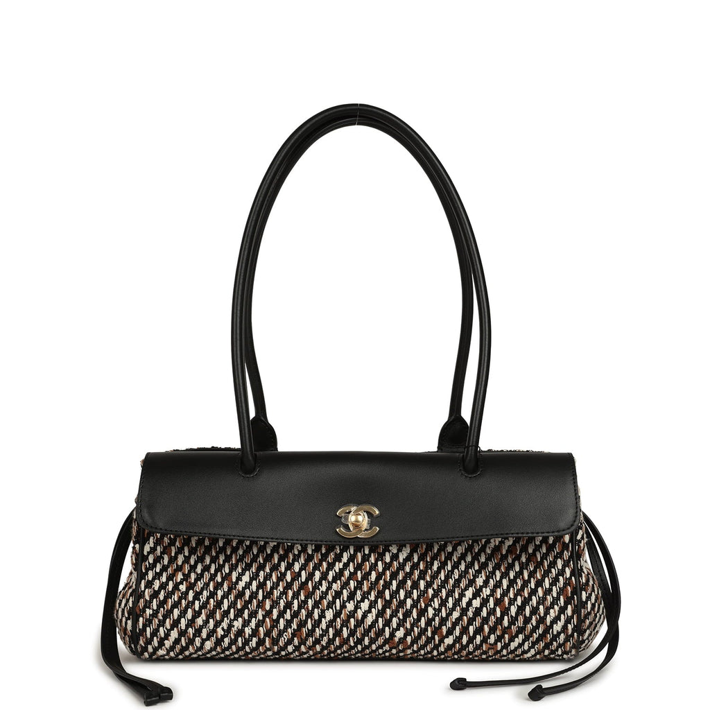 Small "Urban Essential" East West Shopping Tote Black Calfskin and Multi Tweed Gold Hardware