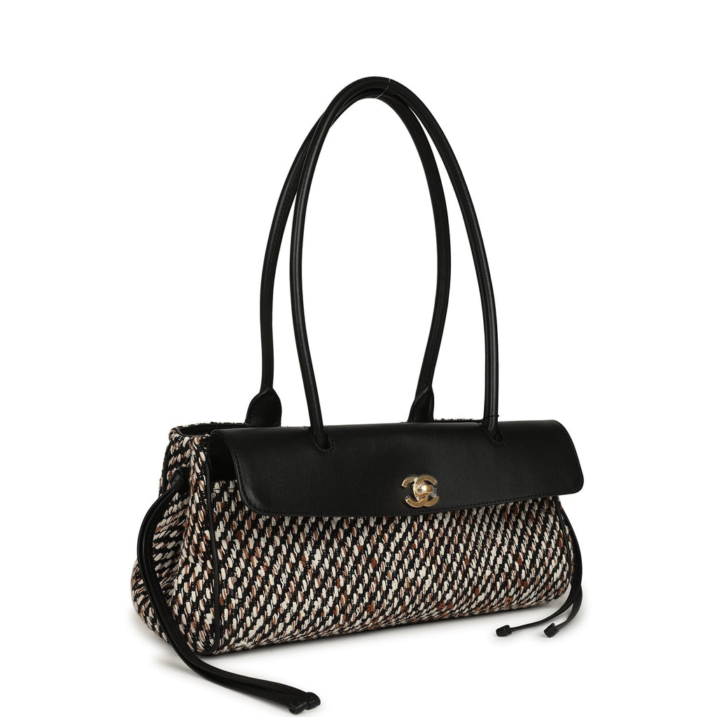 Small "Urban Essential" East West Shopping Tote Black Calfskin and Multi Tweed Gold Hardware