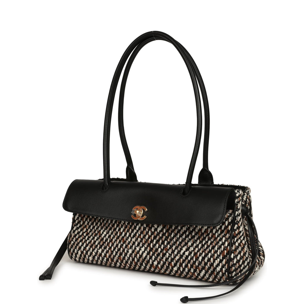 Small "Urban Essential" East West Shopping Tote Black Calfskin and Multi Tweed Gold Hardware