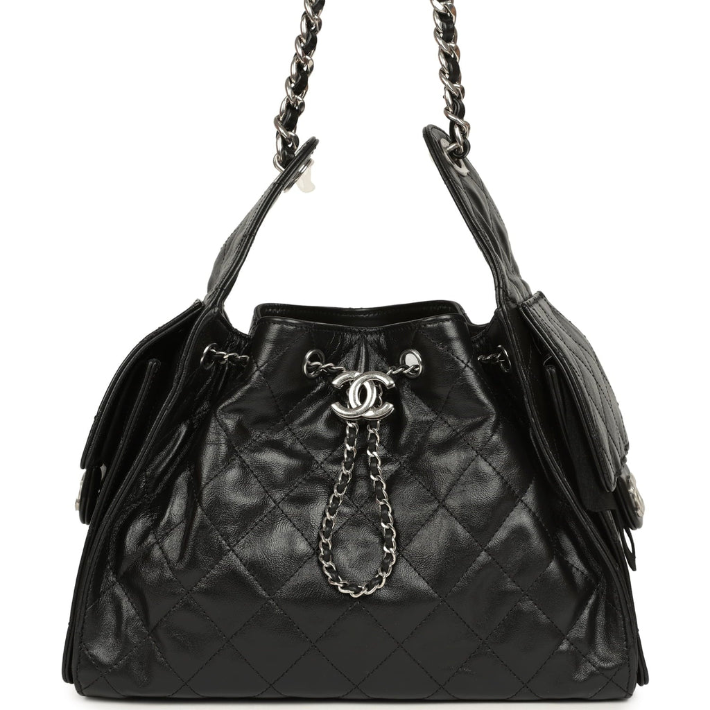 Small 25 Hobo Bag Black Shiny Aged Crumpled Calfskin Silver Hardware