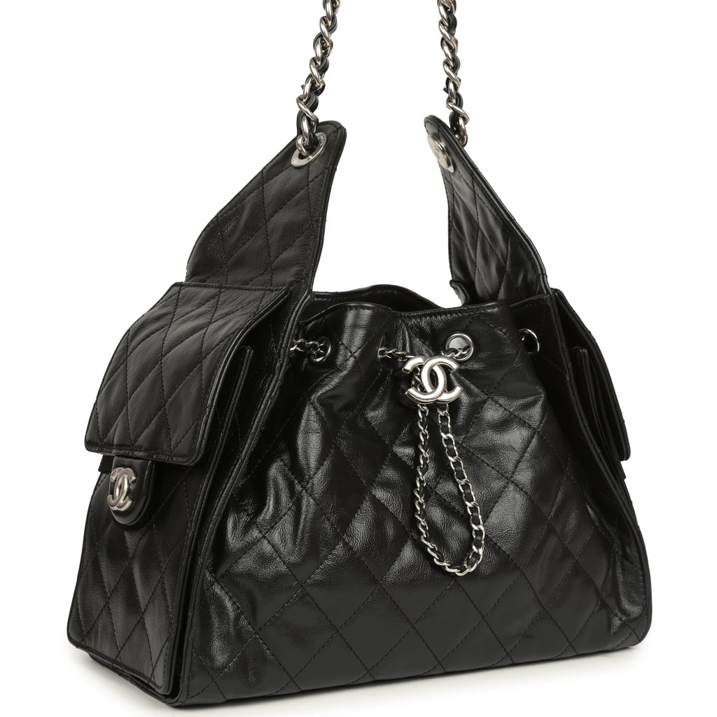 Small 25 Hobo Bag Black Shiny Aged Crumpled Calfskin Silver Hardware