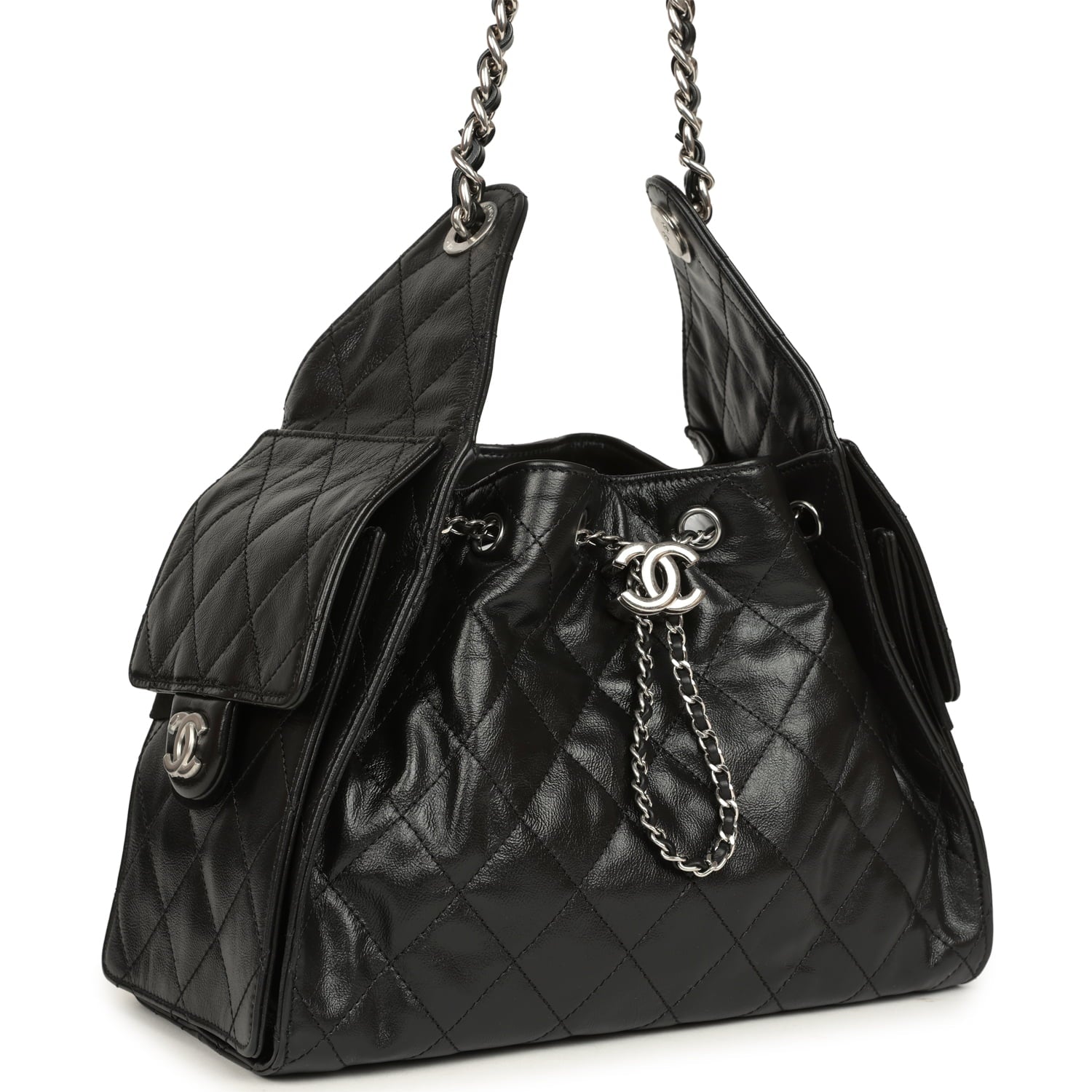 Small 25 Hobo Bag Black Shiny Aged Crumpled Calfskin Silver Hardware