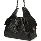 Small 25 Hobo Bag Black Shiny Aged Crumpled Calfskin Silver Hardware