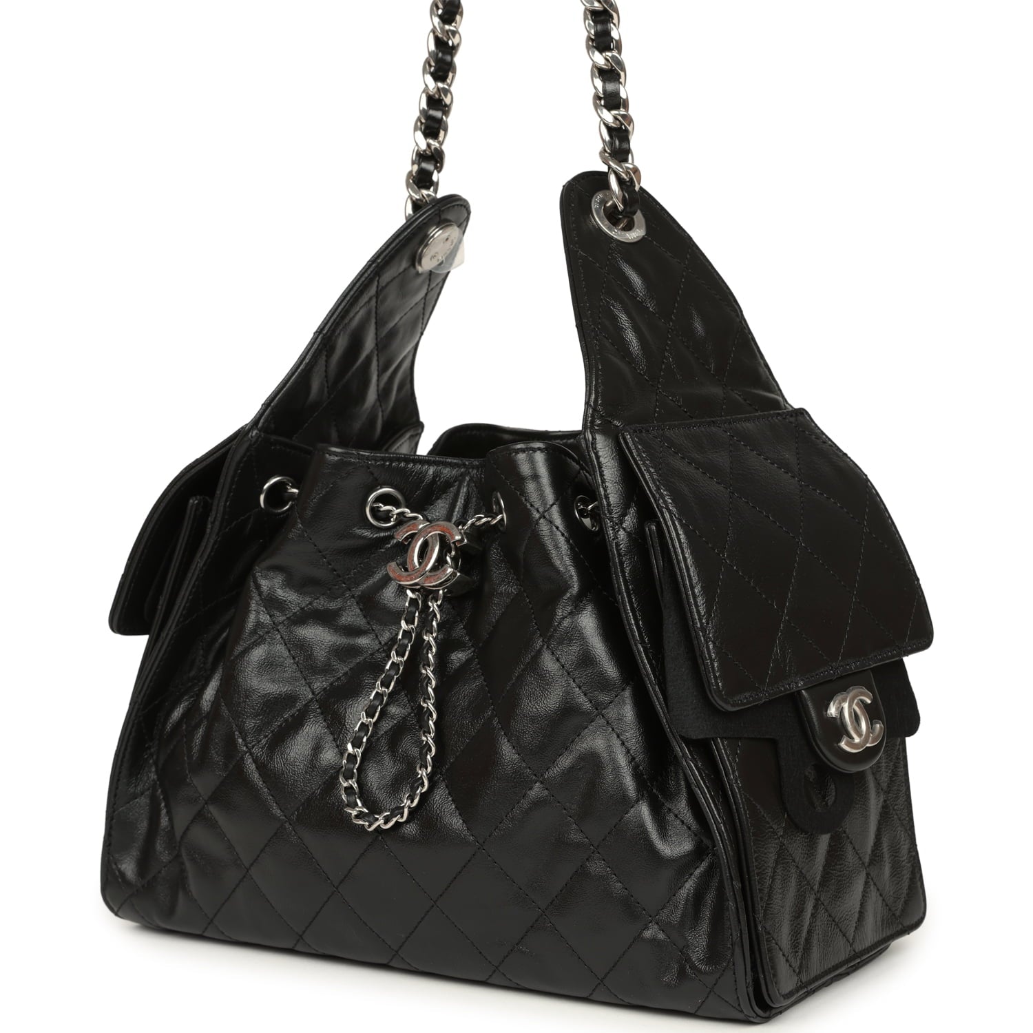 Small 25 Hobo Bag Black Shiny Aged Crumpled Calfskin Silver Hardware