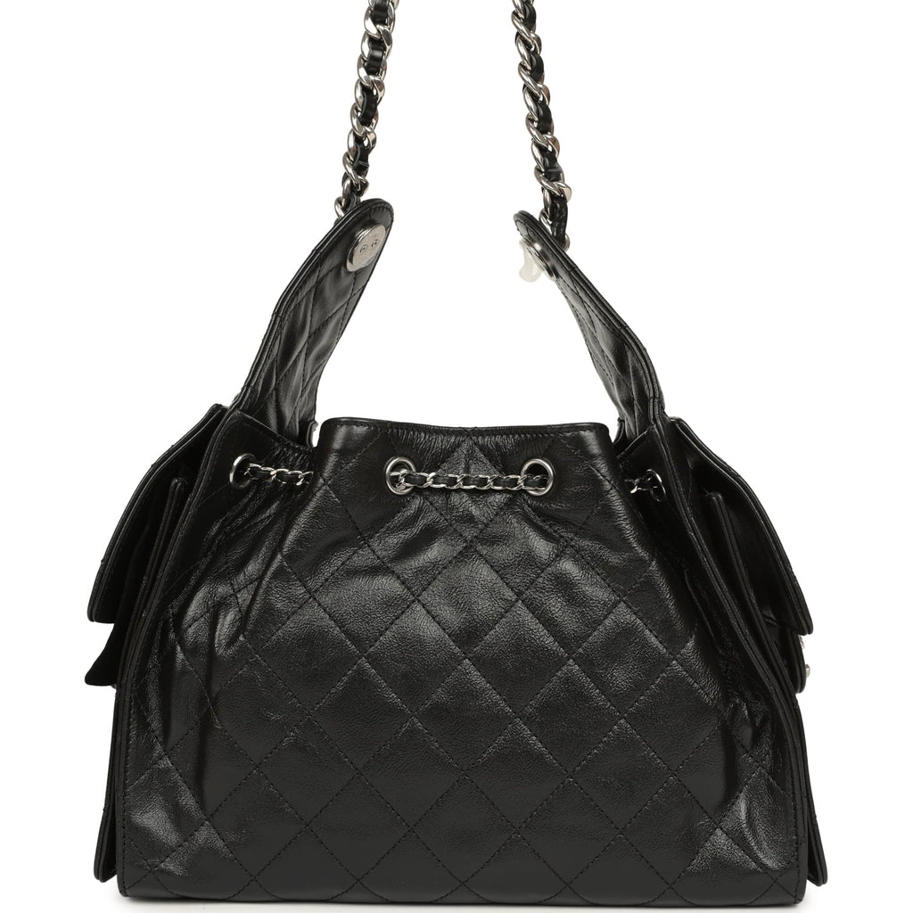 Small 25 Hobo Bag Black Shiny Aged Crumpled Calfskin Silver Hardware