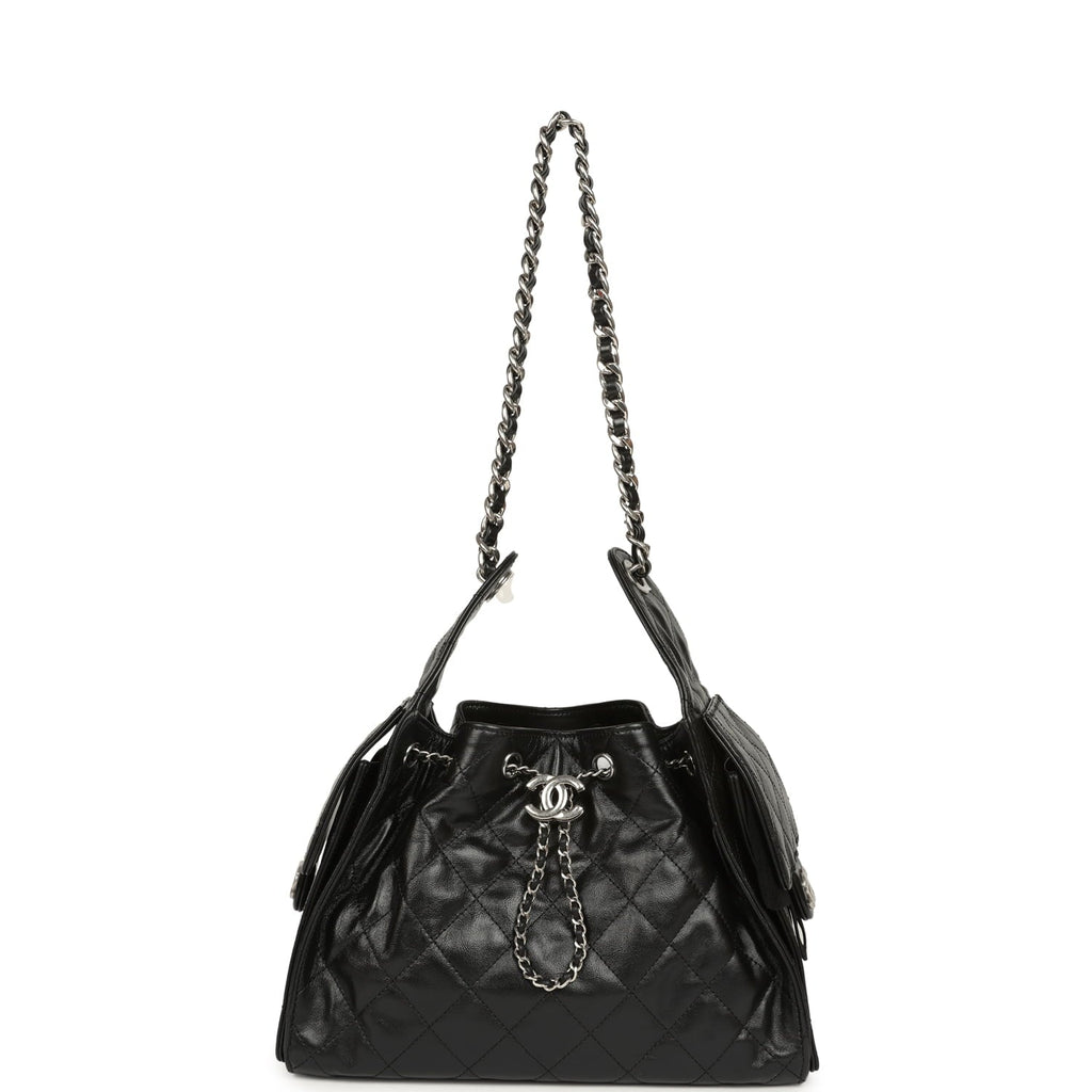 Small 25 Hobo Bag Black Shiny Aged Crumpled Calfskin Silver Hardware
