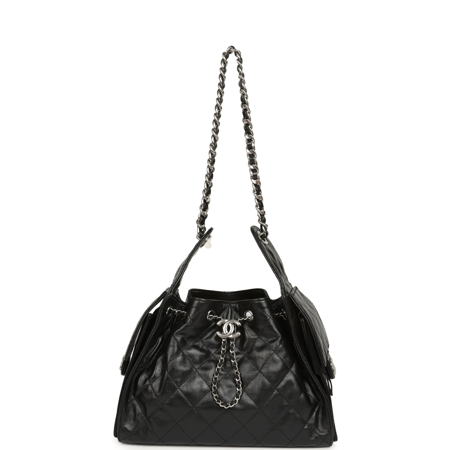 Small 25 Hobo Bag Black Shiny Aged Crumpled Calfskin Silver Hardware