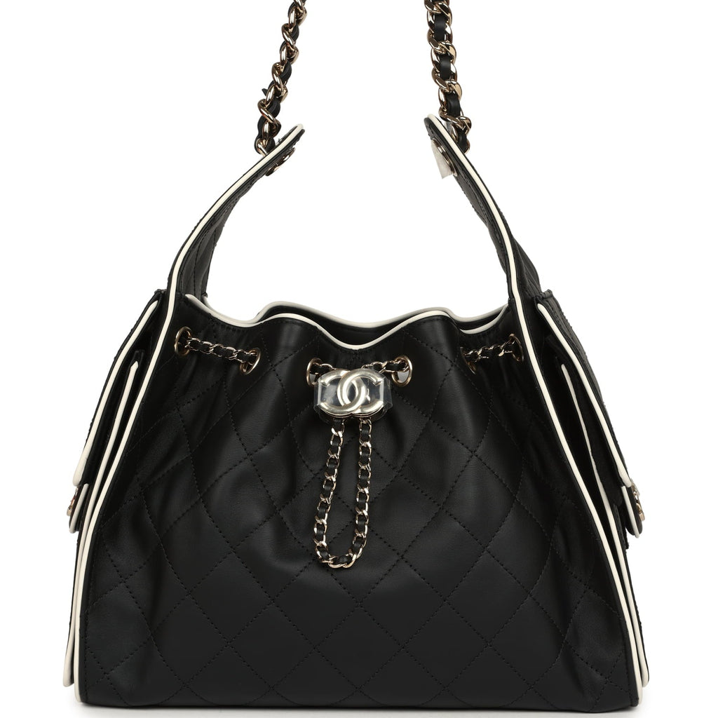Small 25 Hobo Bag Black and White Calfskin Light Gold Hardware