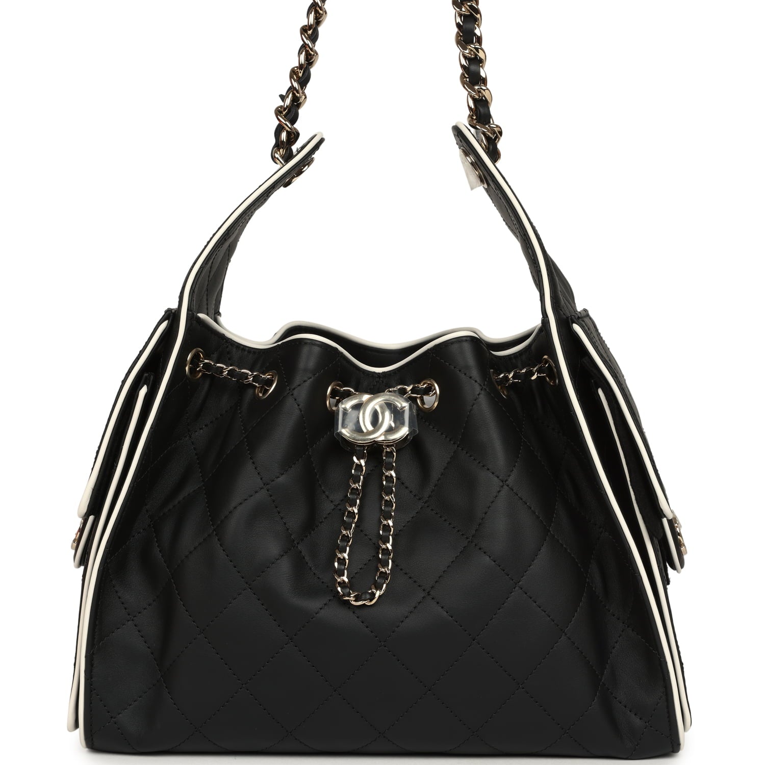Small 25 Hobo Bag Black and White Calfskin Light Gold Hardware