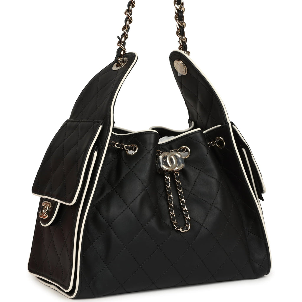 Small 25 Hobo Bag Black and White Calfskin Light Gold Hardware