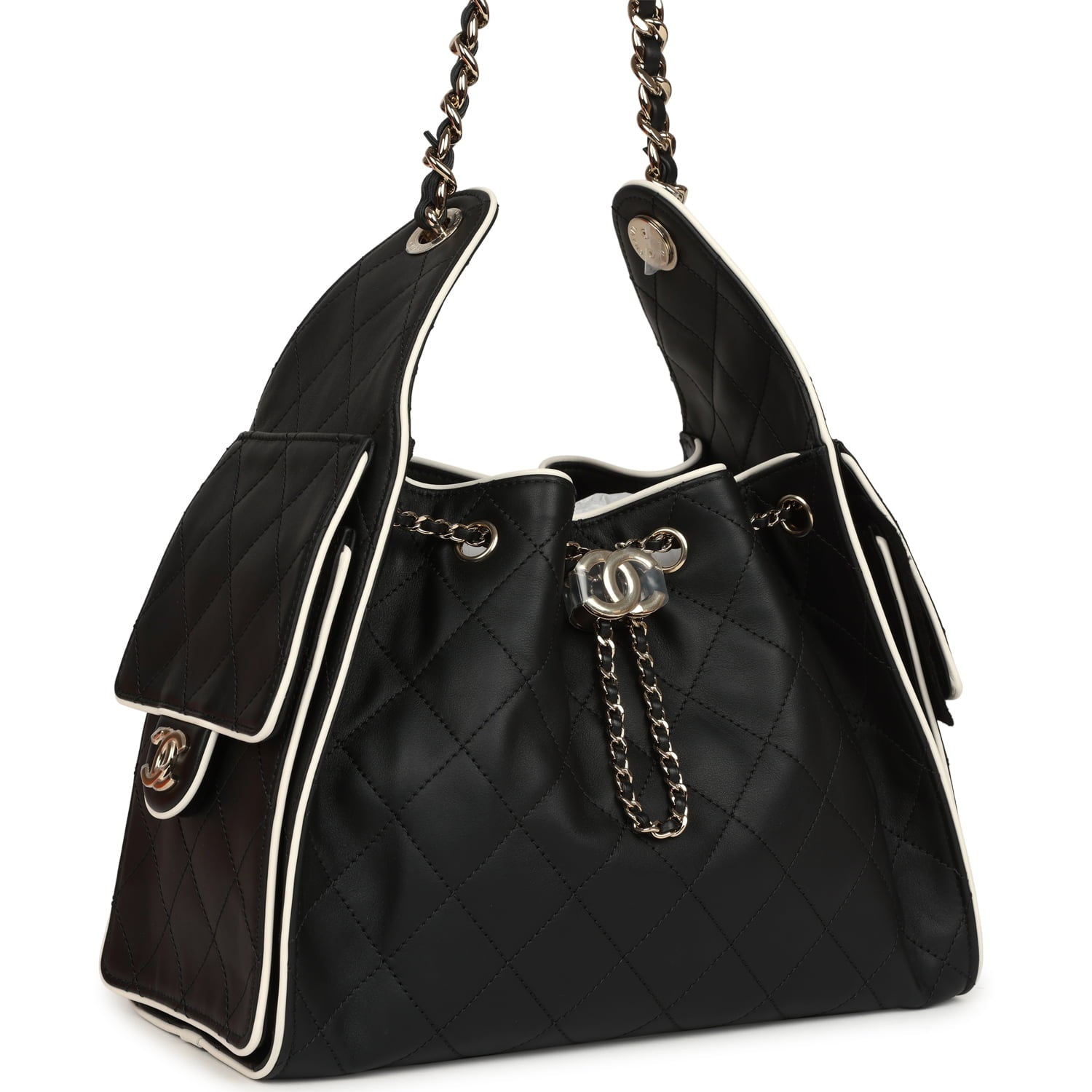 Small 25 Hobo Bag Black and White Calfskin Light Gold Hardware