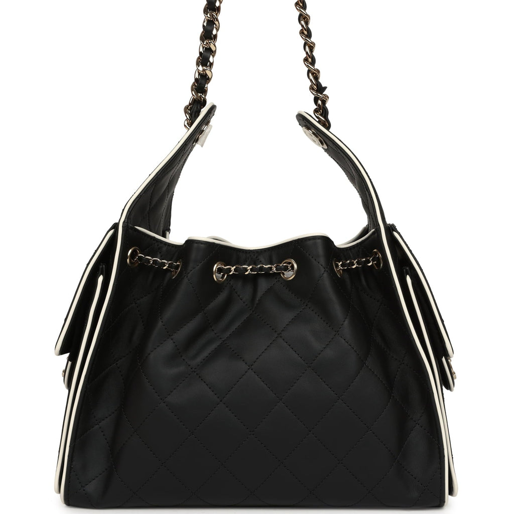 Small 25 Hobo Bag Black and White Calfskin Light Gold Hardware