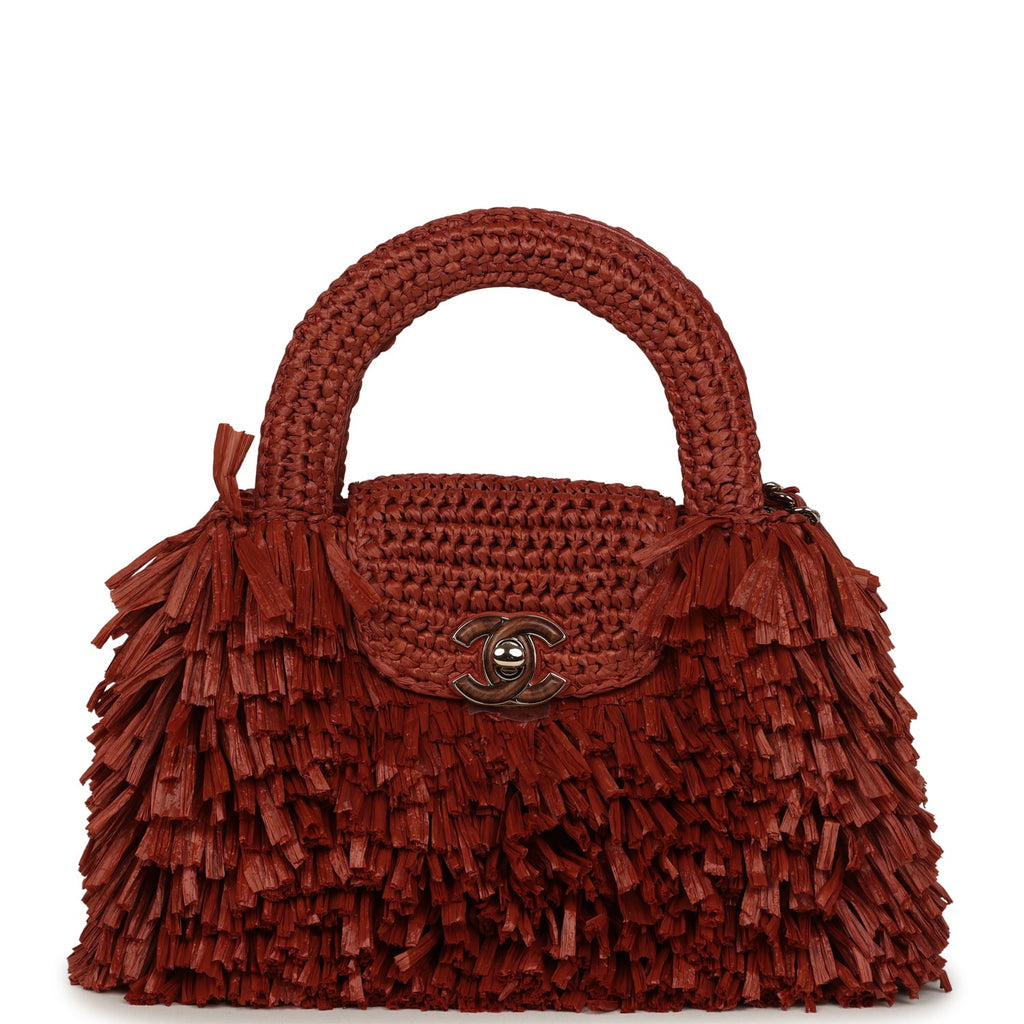 Small Fringe Kelly Dark Red Raffia Wood and Light Gold Hardware