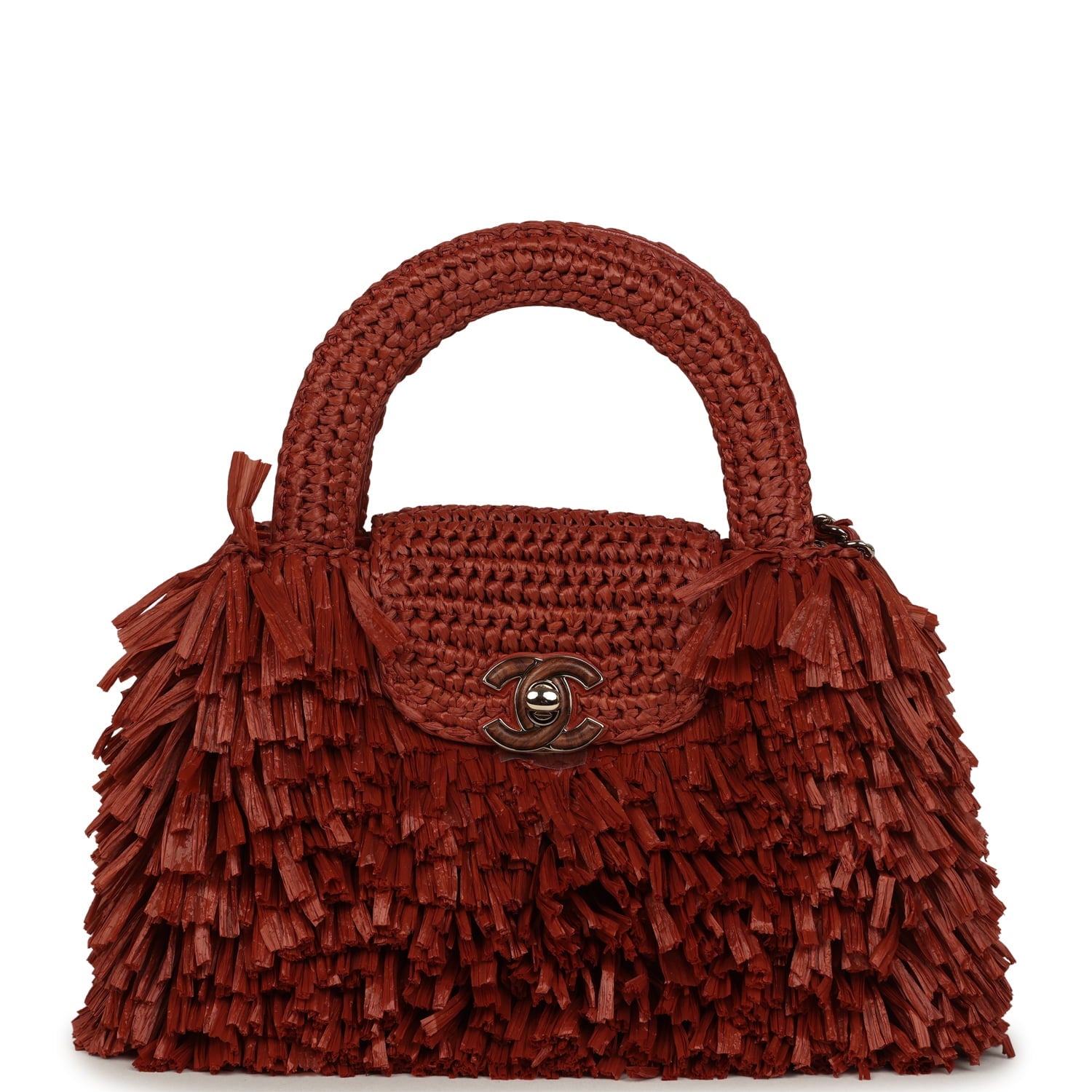 Small Fringe Kelly Dark Red Raffia Wood and Light Gold Hardware