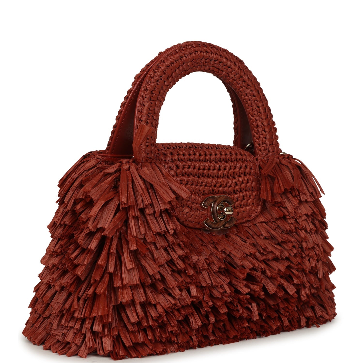 Small Fringe Kelly Dark Red Raffia Wood and Light Gold Hardware
