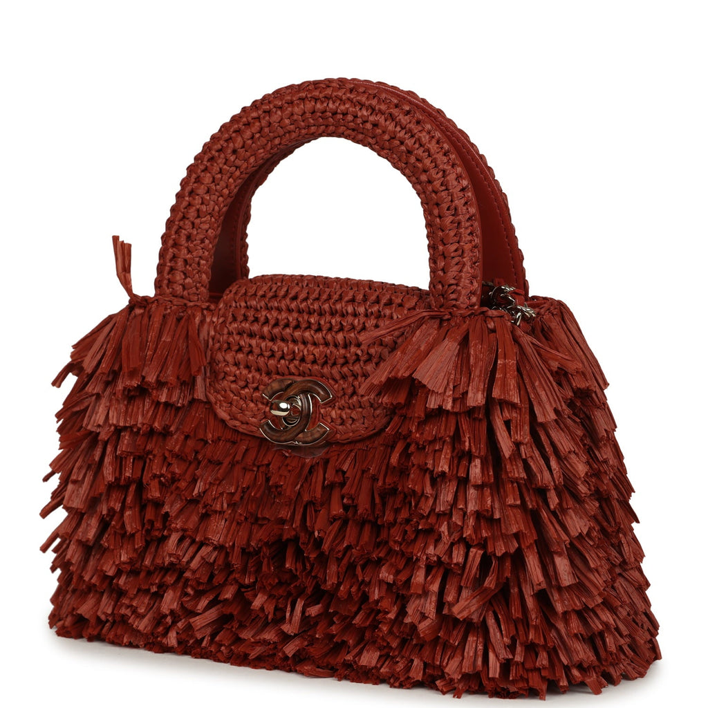 Small Fringe Kelly Dark Red Raffia Wood and Light Gold Hardware