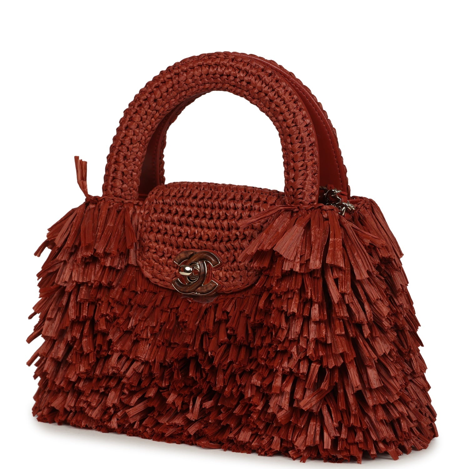 Small Fringe Kelly Dark Red Raffia Wood and Light Gold Hardware