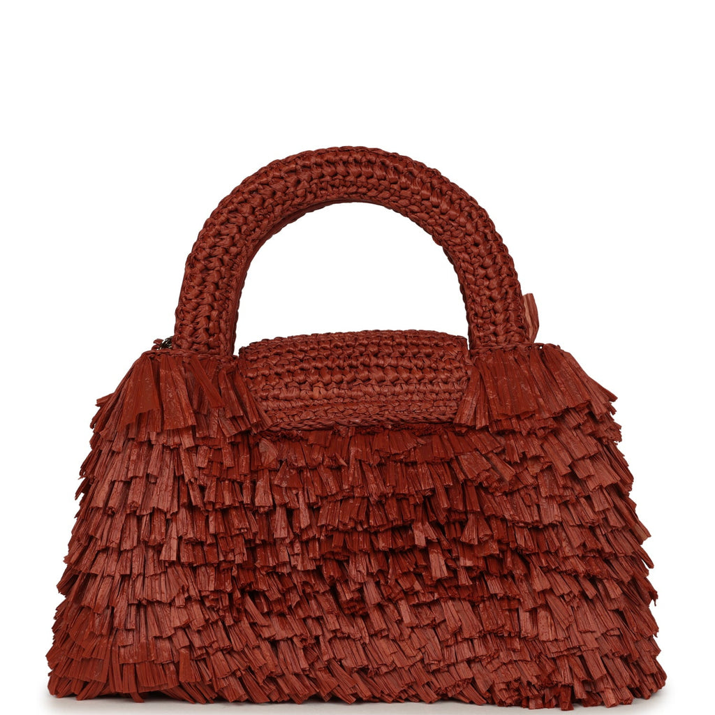 Small Fringe Kelly Dark Red Raffia Wood and Light Gold Hardware