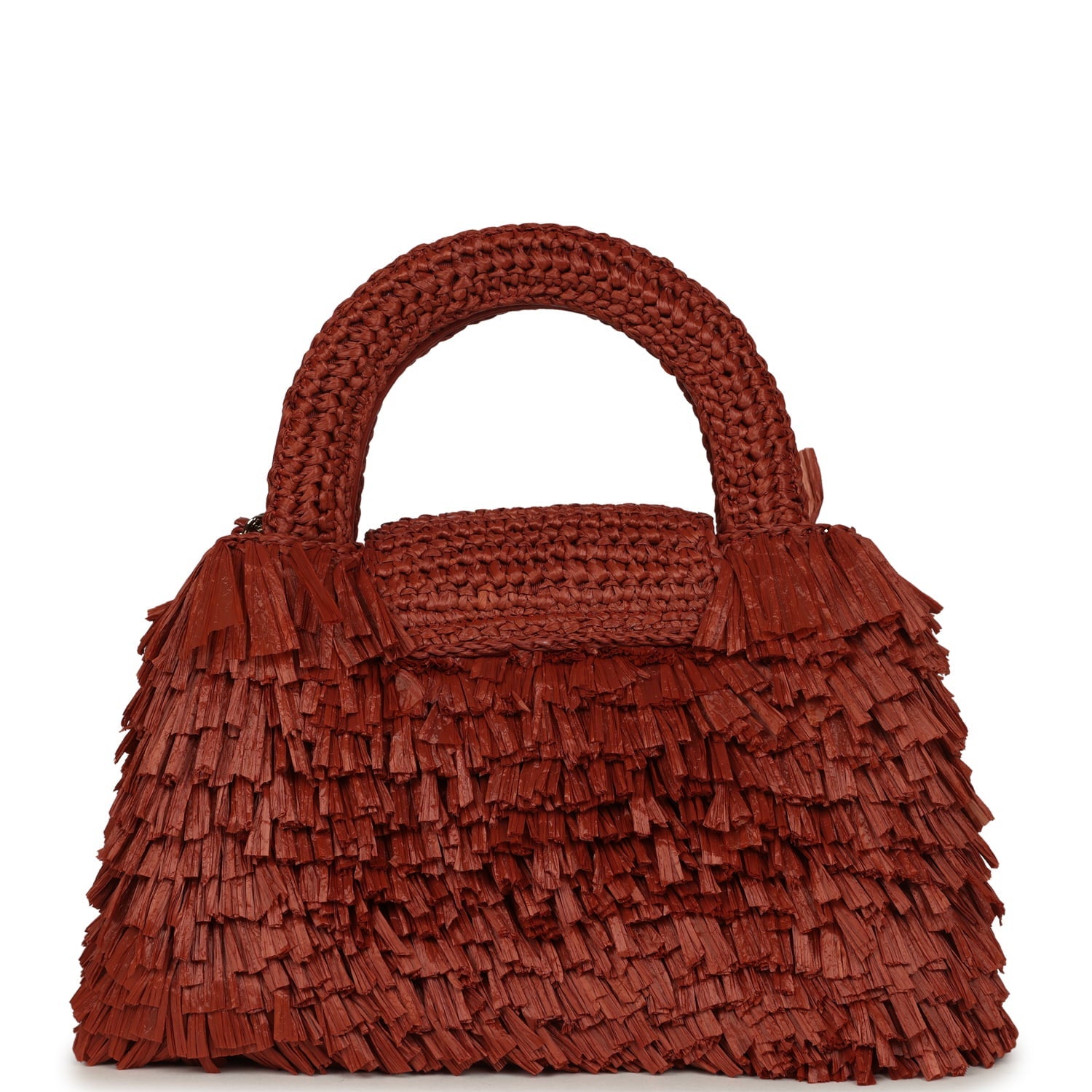 Small Fringe Kelly Dark Red Raffia Wood and Light Gold Hardware