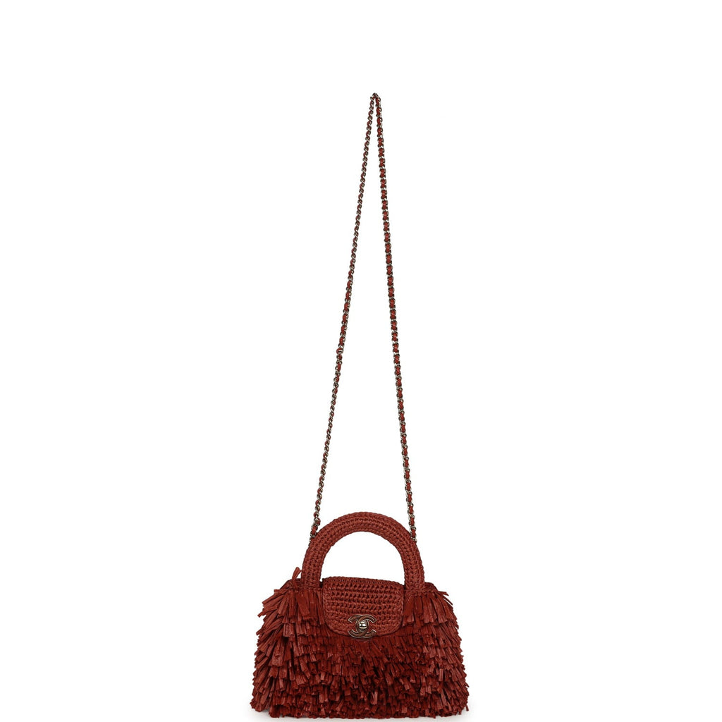 Small Fringe Kelly Dark Red Raffia Wood and Light Gold Hardware