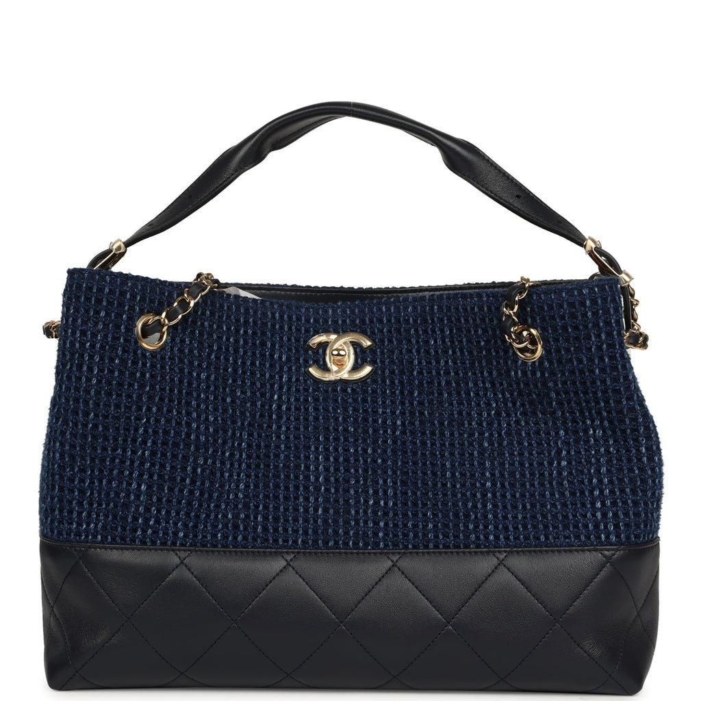 Small Coco Base Hobo Bag Blue Denim Tweed and Navy Blue Shiny Lambskin Gold Hardware