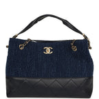 Small Coco Base Hobo Bag Blue Denim Tweed and Navy Blue Shiny Lambskin Gold Hardware