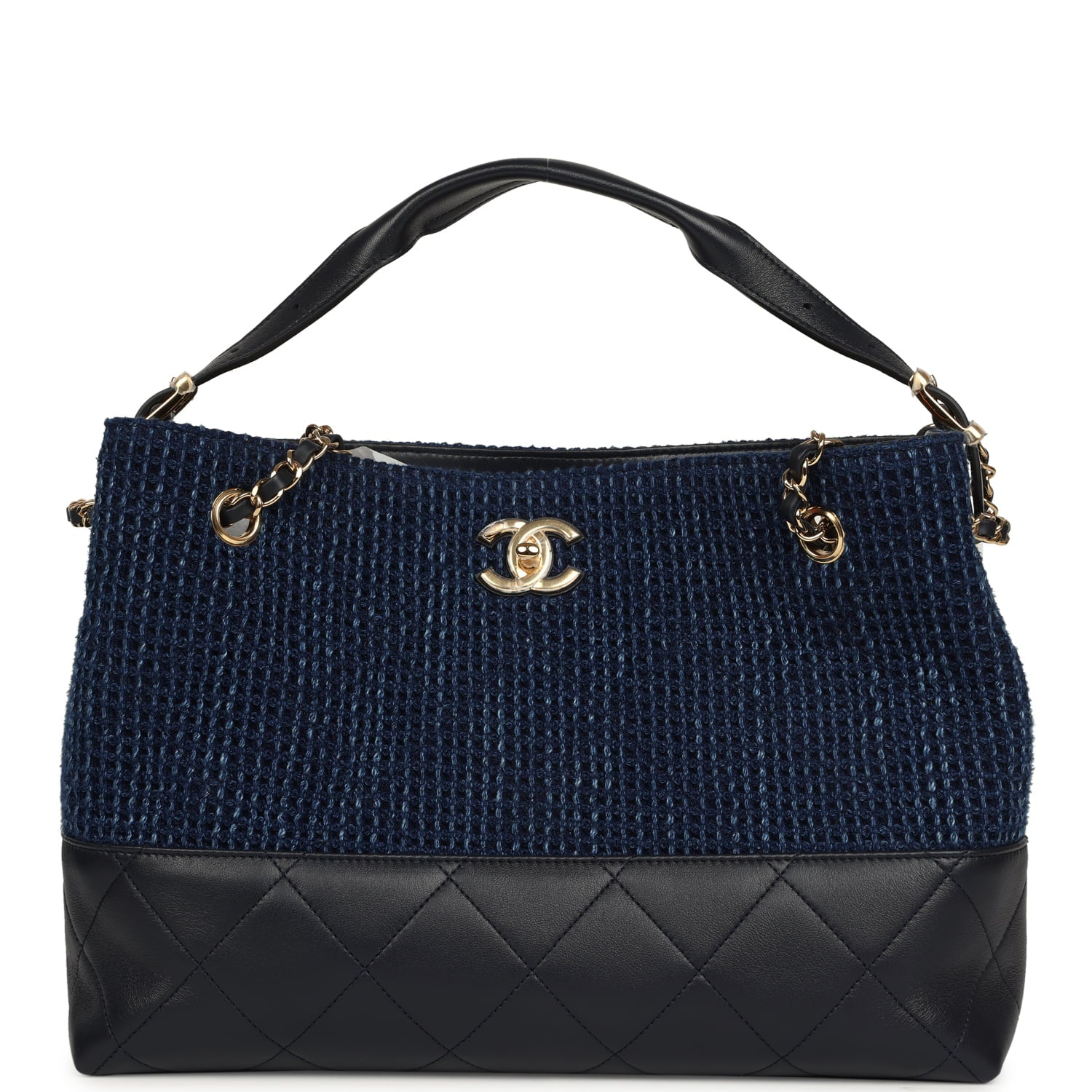 Small Coco Base Hobo Bag Blue Denim Tweed and Navy Blue Shiny Lambskin Gold Hardware