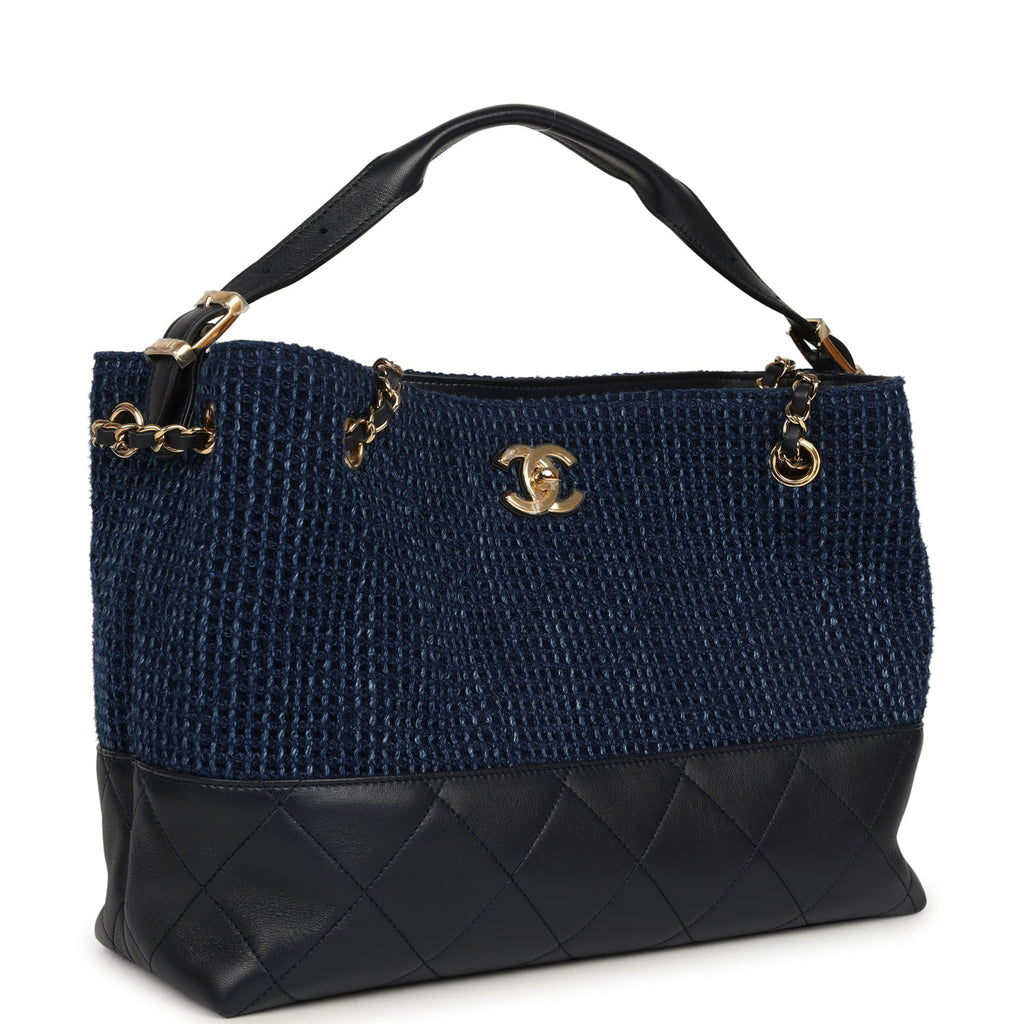 Small Coco Base Hobo Bag Blue Denim Tweed and Navy Blue Shiny Lambskin Gold Hardware
