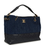 Small Coco Base Hobo Bag Blue Denim Tweed and Navy Blue Shiny Lambskin Gold Hardware
