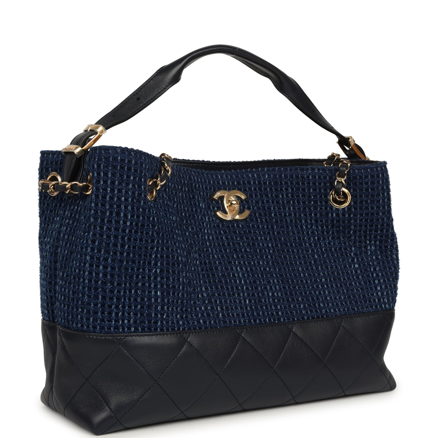 Small Coco Base Hobo Bag Blue Denim Tweed and Navy Blue Shiny Lambskin Gold Hardware