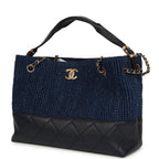 Small Coco Base Hobo Bag Blue Denim Tweed and Navy Blue Shiny Lambskin Gold Hardware