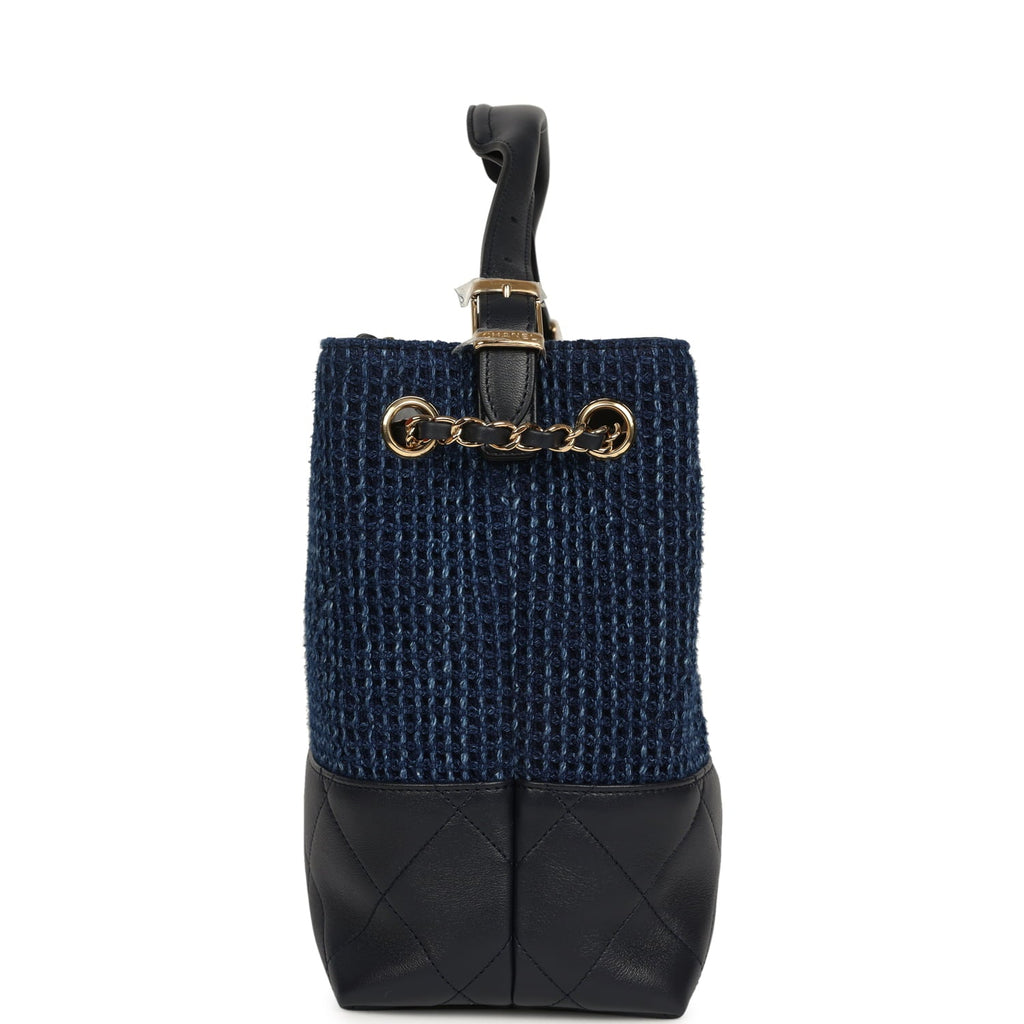 Small Coco Base Hobo Bag Blue Denim Tweed and Navy Blue Shiny Lambskin Gold Hardware