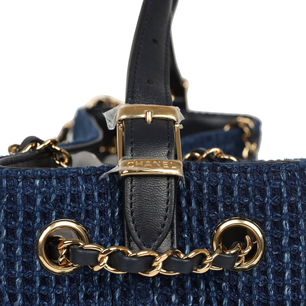 Small Coco Base Hobo Bag Blue Denim Tweed and Navy Blue Shiny Lambskin Gold Hardware