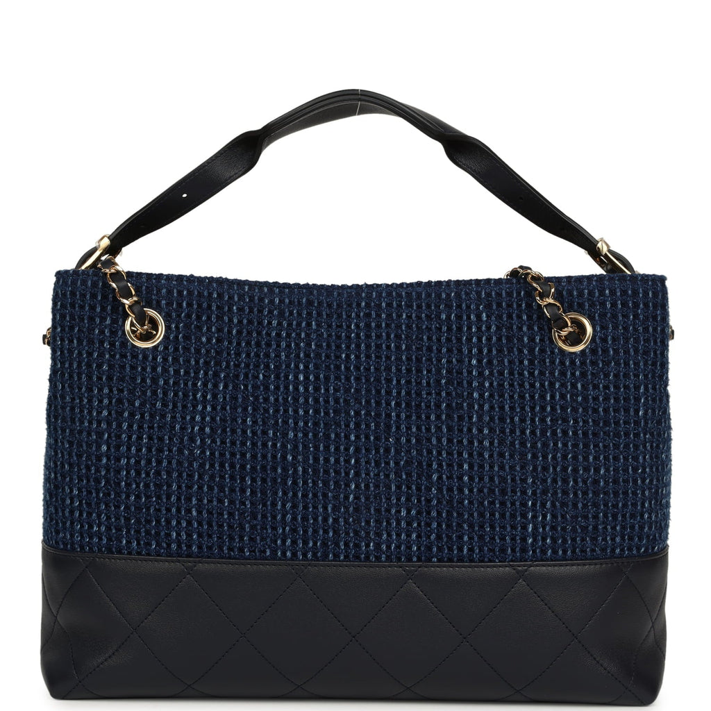 Small Coco Base Hobo Bag Blue Denim Tweed and Navy Blue Shiny Lambskin Gold Hardware