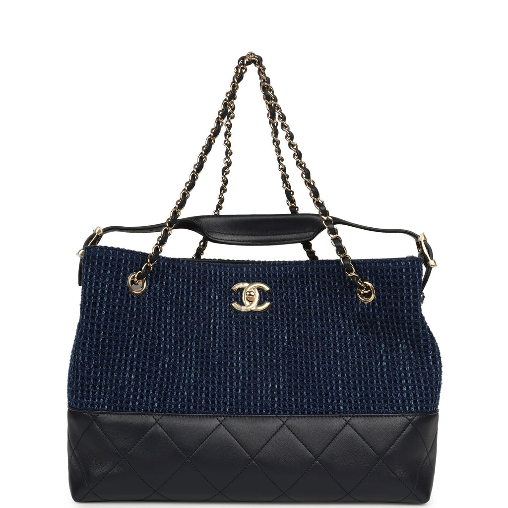 Small Coco Base Hobo Bag Blue Denim Tweed and Navy Blue Shiny Lambskin Gold Hardware