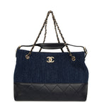 Small Coco Base Hobo Bag Blue Denim Tweed and Navy Blue Shiny Lambskin Gold Hardware