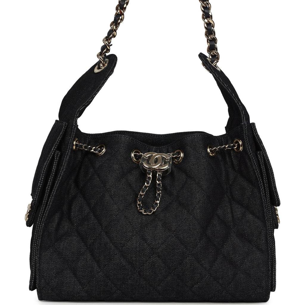 Small 25 Hobo Bag Dark Blue Denim Light Gold Hardware