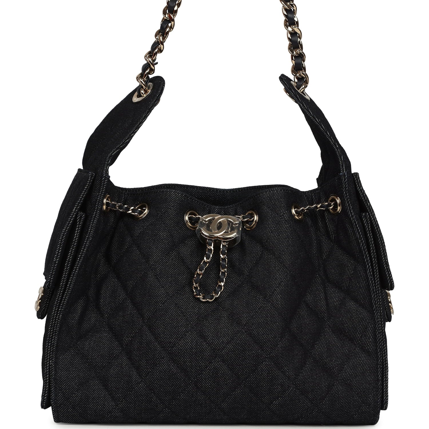 Small 25 Hobo Bag Dark Blue Denim Light Gold Hardware