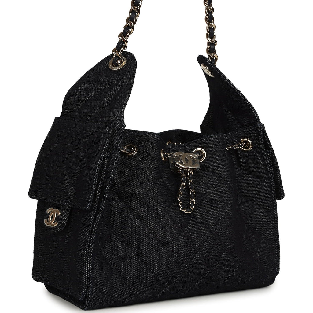 Small 25 Hobo Bag Dark Blue Denim Light Gold Hardware