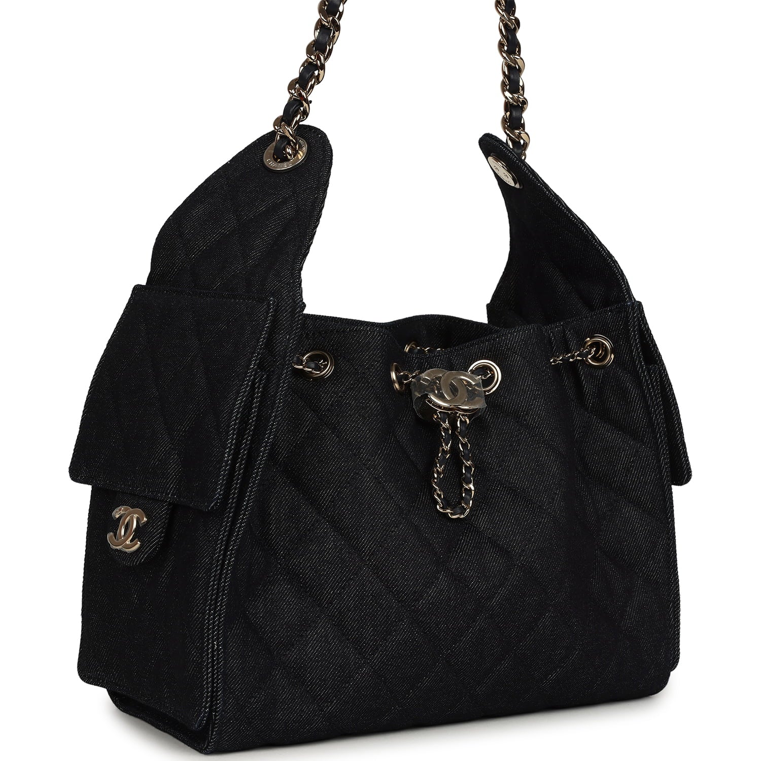 Small 25 Hobo Bag Dark Blue Denim Light Gold Hardware