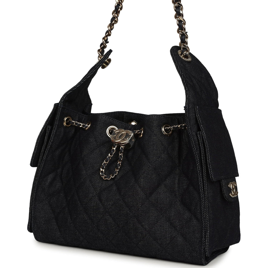 Small 25 Hobo Bag Dark Blue Denim Light Gold Hardware